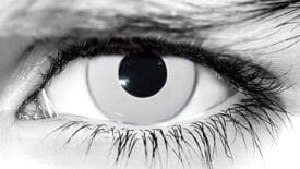 Person wearing white-out Prescription Zombie Contacts with special FX makeup