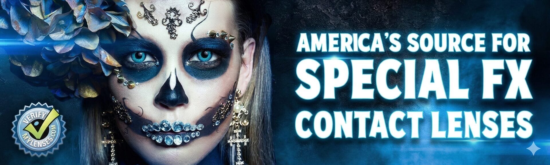 Wicked-Eyez-Homepage-Banner Wicked Eyez hero banner featuring a model wearing intricate skull makeup and vibrant blue special FX contact lenses. The text reads, "America's Source for Special FX Contact Lenses," alongside a VerifyMyLenses security badge.